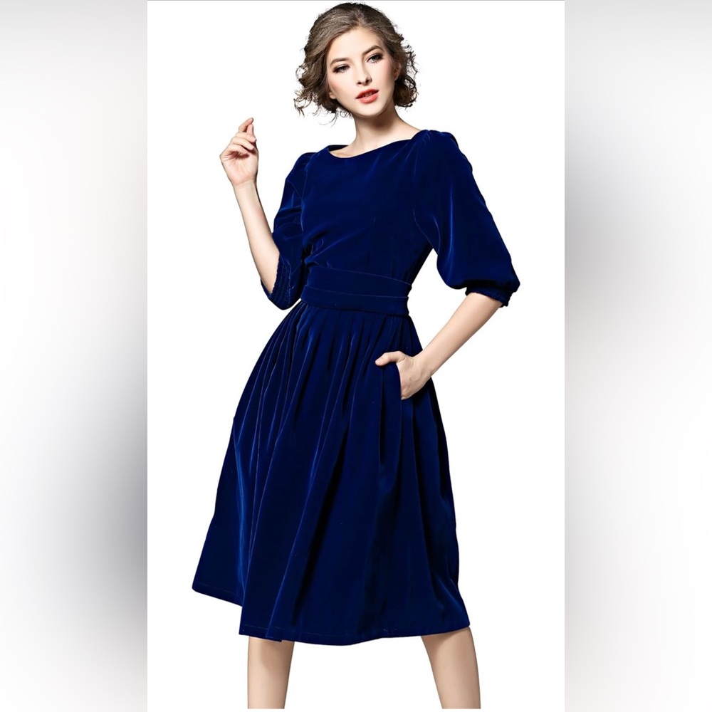 Fei in van Casual Vintage Round Neck Velvet Tunic Swing A-Line Midi Party Dress - Picture 3 of 12